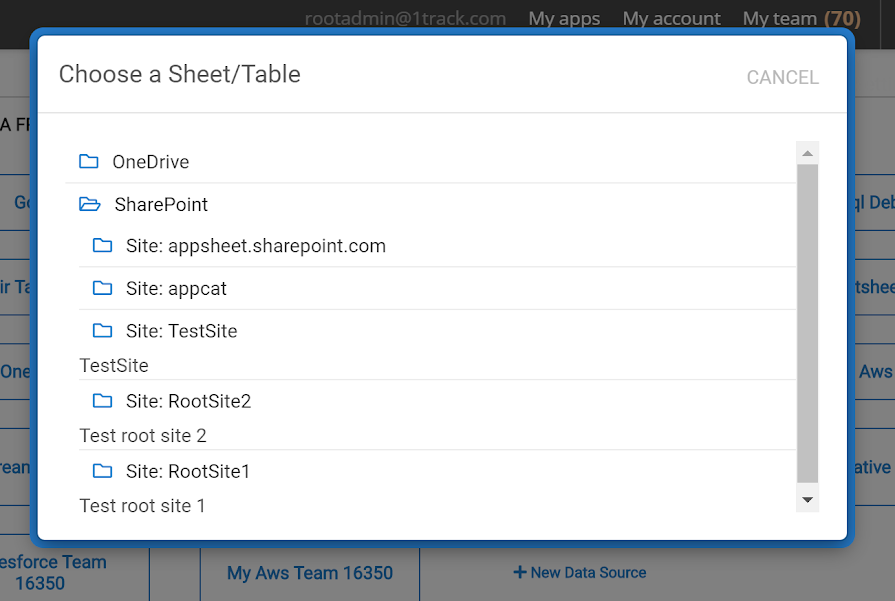 SharePoint が表示されている [Choose a Sheet/Table] ダイアログ