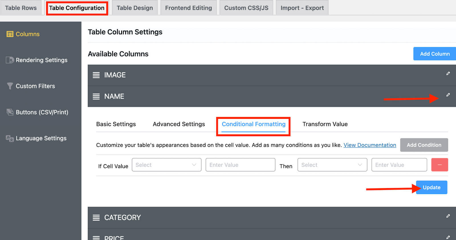 add conditions to table cells