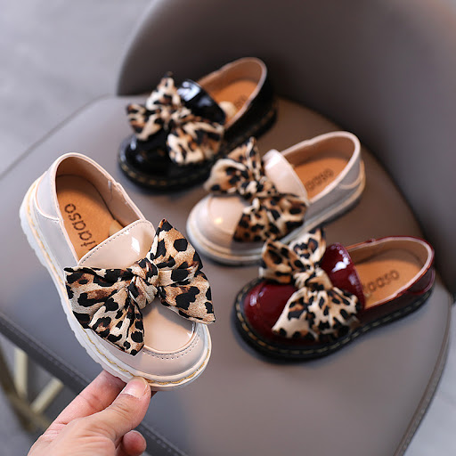 Title 5, Childrens leopard bow leather shoes, stylish a...
