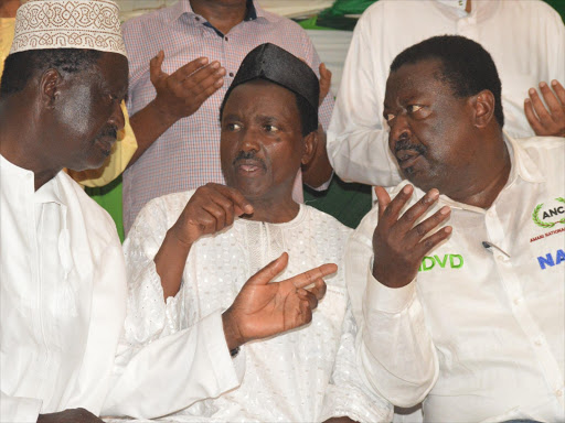 NASA principals Raila Odinga (ODM), Kalonzo Musyoka (Wiper) and Musalia Mudavadi (Amani National Congress) during an Iftar dinner in Mombasa, June 9, 2017. /JOHN CHESOLI