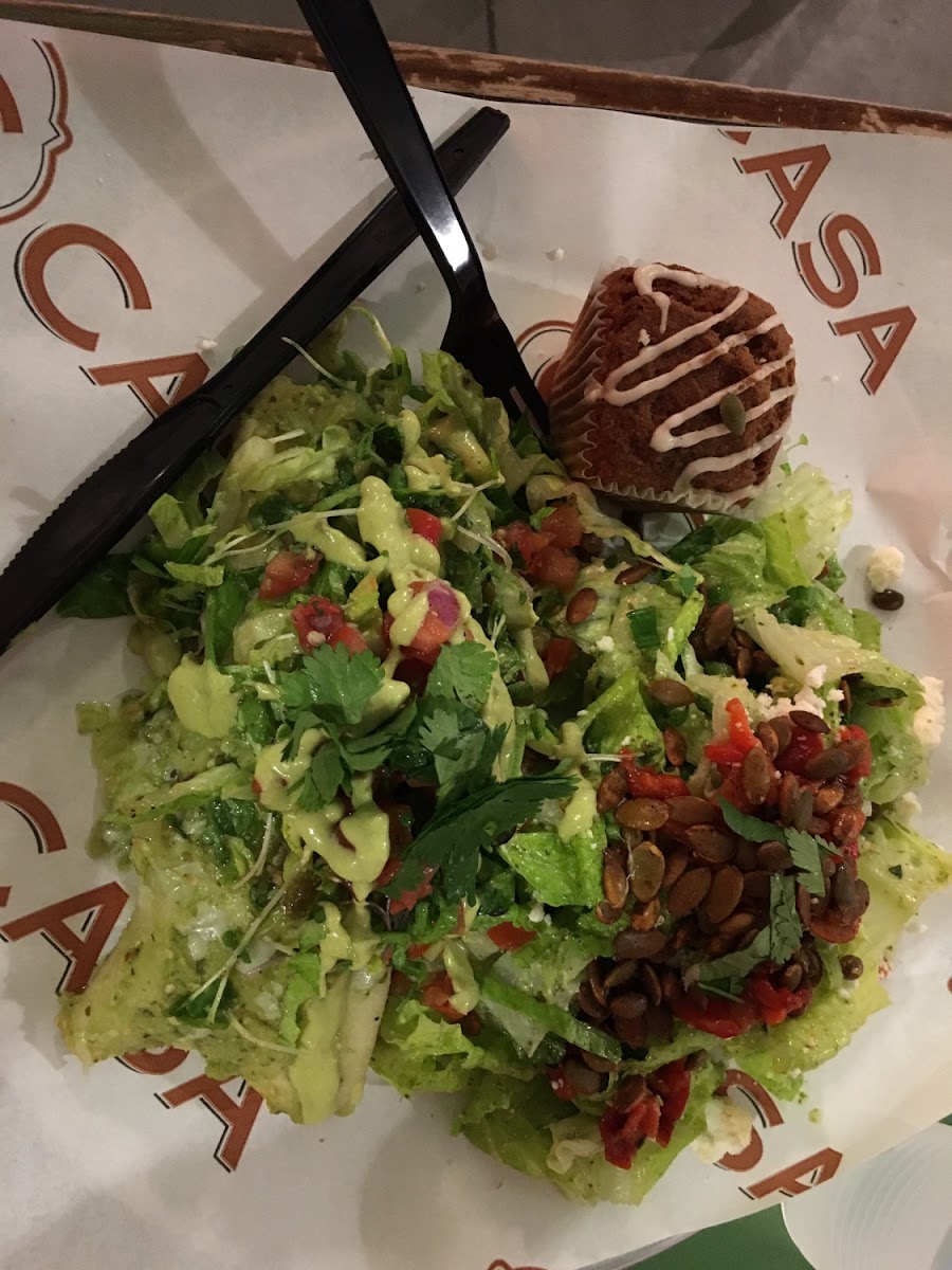 Chicken enchilada with salad and pumpkin muffin