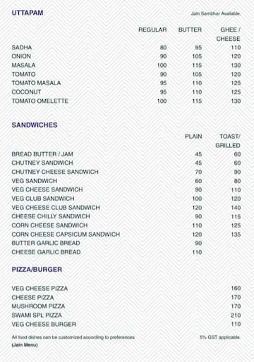 Swamee Vegetarians menu 