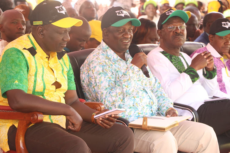 Deputy President William Ruto, Kwale Governor Salim Mvurya and Ford Kenya party leader Moses Wetang'ula attend an economic forum in Matuga, Kwale county on Saturday.