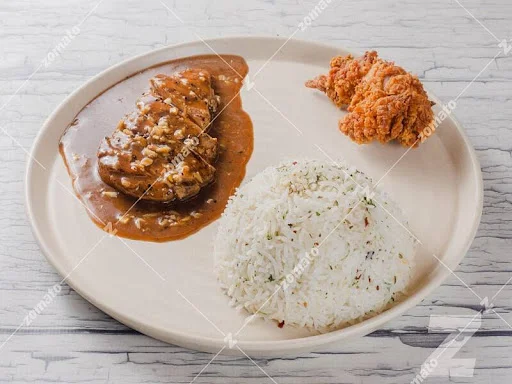 Chicken Steak With Herb Rice And Crispy Fried Chicken