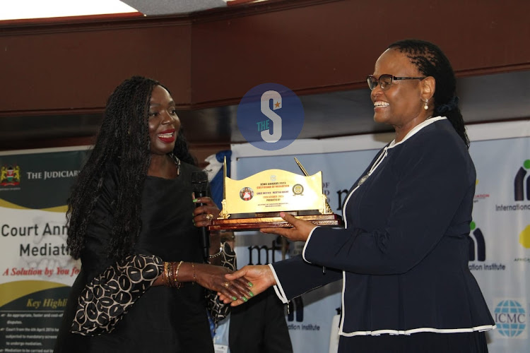 ICMC chairperson and ambassador Raychelle Omamo and chief justice Martha Koome during the opening ceremony of the inter-continental mediation summit at Nairobi Safari Club on October 18, 2023