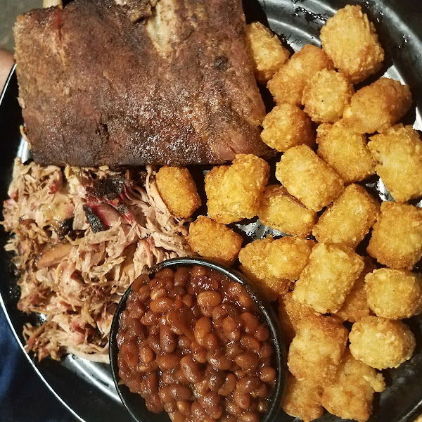 Pulled pork, ribs, tator tots, and beans.... all gf