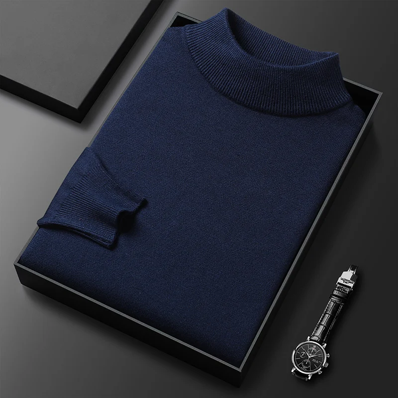 Suéter masculino slim fit cor lisa gola meio fechada, camisa de base de malha para um visual elegante e confortável para diversas ocasiões.