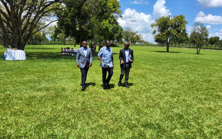 President William Ruto with Interior CS Kithure Kindiki and PS Raymond Omollo after a meeting with the country's top security officials over the security situation in the North Rift region on March 30, 2024.