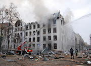 Firefighters work to extinguish a fire at the Kharkiv National University building, which city officials said was damaged by recent shelling, in Kharkiv, Ukraine March 2, 2022.