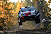 Elfyn Evans gets his Toyota Yaris airborne en route to victory in Rally Finland.