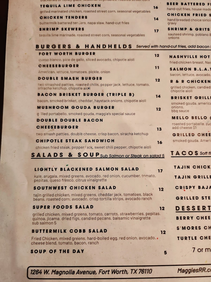 Maggie's RnR gluten-free menu