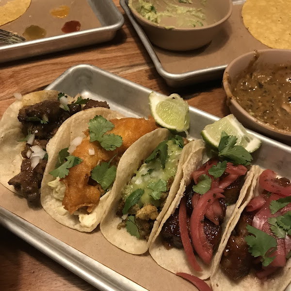 Left to right carne asada, baja, chicken chorizo, pork belly