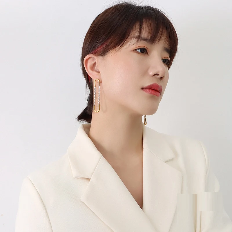 French Choker Earrings exaggerated U-shaped inlaid zircon design, 18K gold plated titanium steel. Elegant and modern ear