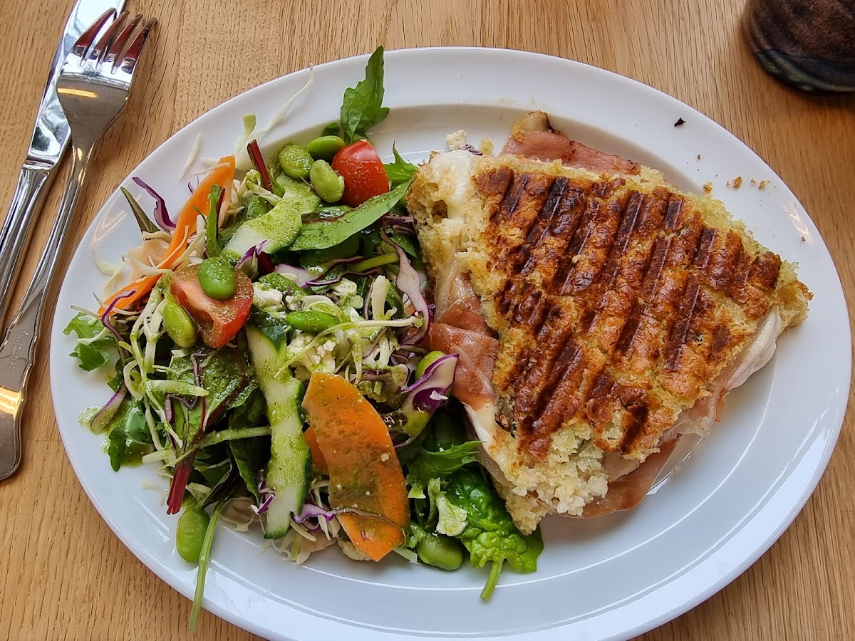 Panini - Serano, mozzarella, pesto, tomato, and a lovely salad