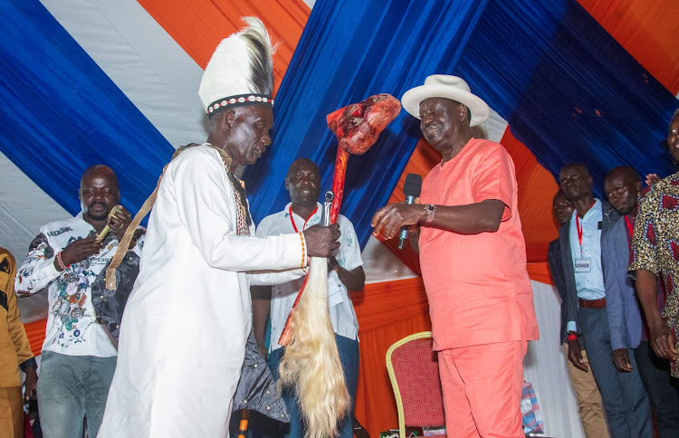 Azimio la Umoja leader Raila Odinga during the installation of Fredrick Owili as chief of Seme in Migori County on May 18, 2024.