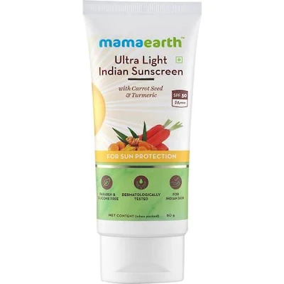 Mamaearth Ultra Light Indian Sunscreen Cream With Carrot Seed, Turmeric And Spf 50 Pa+++ - 80 ml