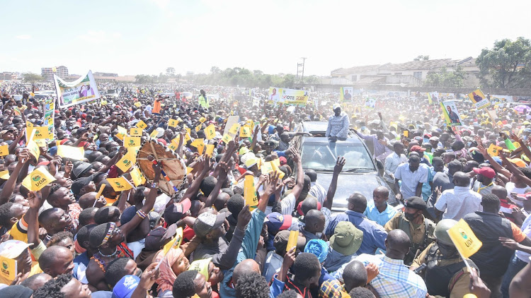 Deputy President William Ruto addresses Embakasi East residents when he held a rally at Jacaranda Grounds, Nairobi on January 16, 2021.