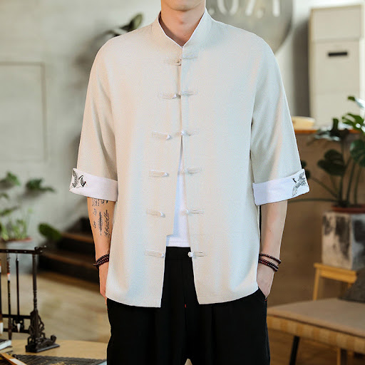 Title 6, Mens Chinese Style Retro Buckle Hanfu Shirt, f...