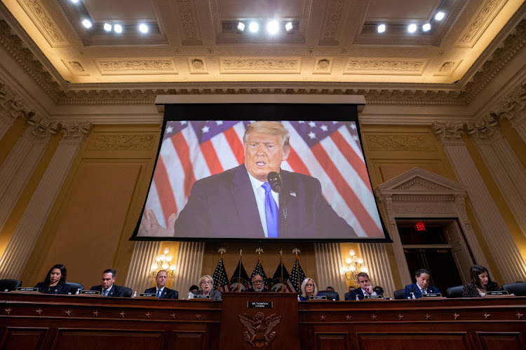 Former US President Donald Trump is displayed on a screen during a hearing of the Select Committee to Investigate the January 6th Attack on the US Capitol, in Washington, on December 19 2022. Picture: Al Drago via REUTERS