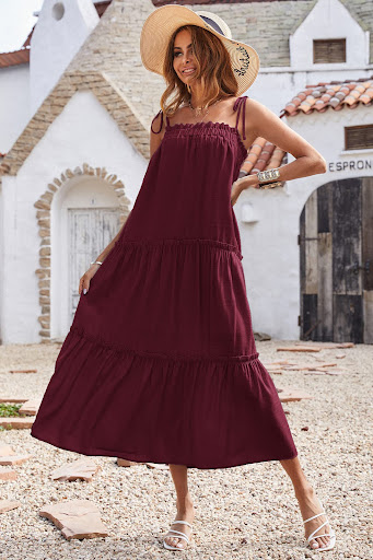 Title 4, Sleeveless Layered Ruffled Beach Long Solid Col...