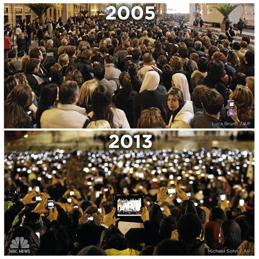 Comparing the inauguration of Pope Benedict with that of Pope Francis. iPhone was released on June 29 2007.