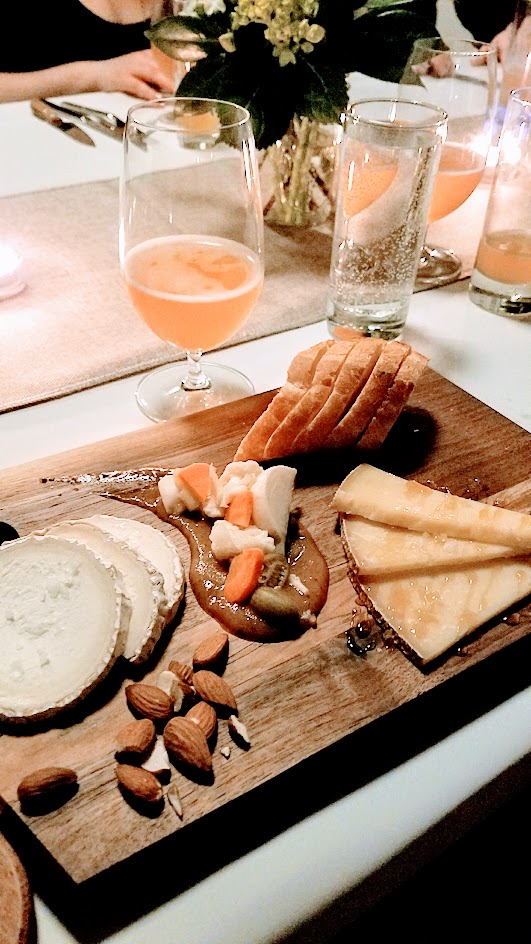 Imperial Session New England Beer Dinner, two Spanish goat cheeses, a Schnebelhorn and Bucheron with Honey and sprinkle of Jacobsen Finishing Salt Warm Baguette Slices, Fruit Preserve with Mustard and pickled vegetable. Paired with Allagash Coolship Resurgum