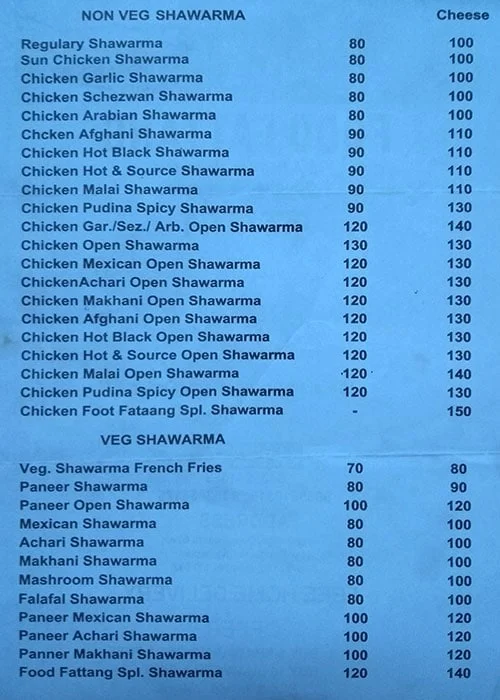 Food Fataang menu 