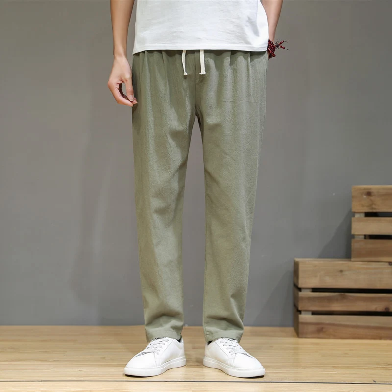 Pantalones de lino chinos para hombre, estilo primavera verano, holgados y rectos con cintura elástica, lino puro, algodón y lino, cómodos.