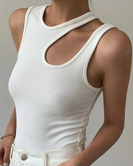 Casual white cut t shirt women round neck sleeveless kore... - 0