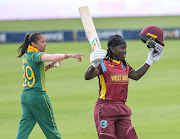 Deandra Dottin of the West Indies celebrates after getting her 100 in the first one day international against SA at Wanderers in Johannesburg on January 28 2022.
