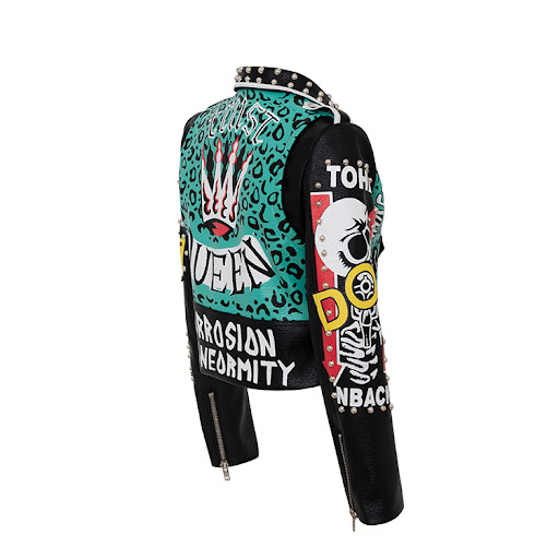 Title 4, Punk Graffiti Print Leather Jacket with Contras...