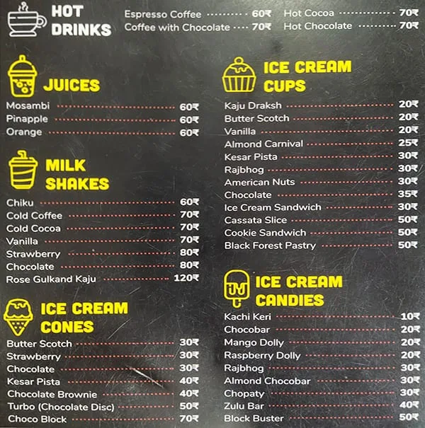 Cool Cream menu 