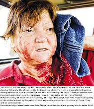 Photo: The late Mrs Anna Myburgh, who suffered horrific torture during her kidnapping with daughter-in-law Hedri before she was shot on February 18 2010 and dumped on a freeway. Two black men Daniel Moatswaratou 23 and Holton Matsimola, 28, were found guilty at Bronkhorstspruit regional court October 18 2010. The men never explained why they found it necessary to torture Mrs Anna Myburgh with a hot iron.