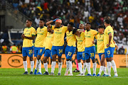 Mamelodi Sundowns players during the penalty shootout for the MTN8 final against Orlando Pirates at Moses Mabhida Stadium in Durban on October 7.