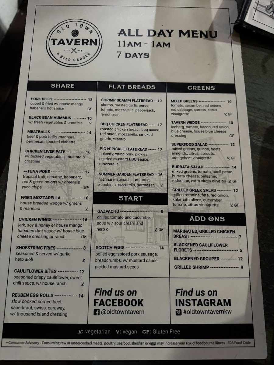 Old Town Tavern & Beer Garden gluten-free menu