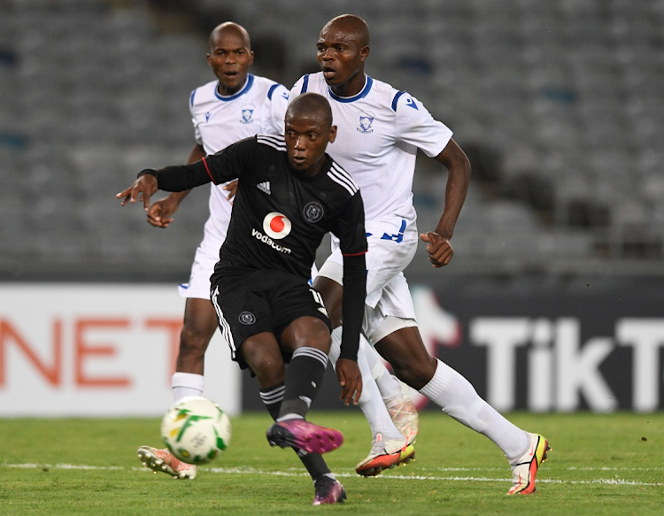 Kabelo Dlamini of Orlando Pirates scores their second goal in the Caf Confederation Cup match between against Royal Leopards at Orlando Stadium on the March 13 2022.