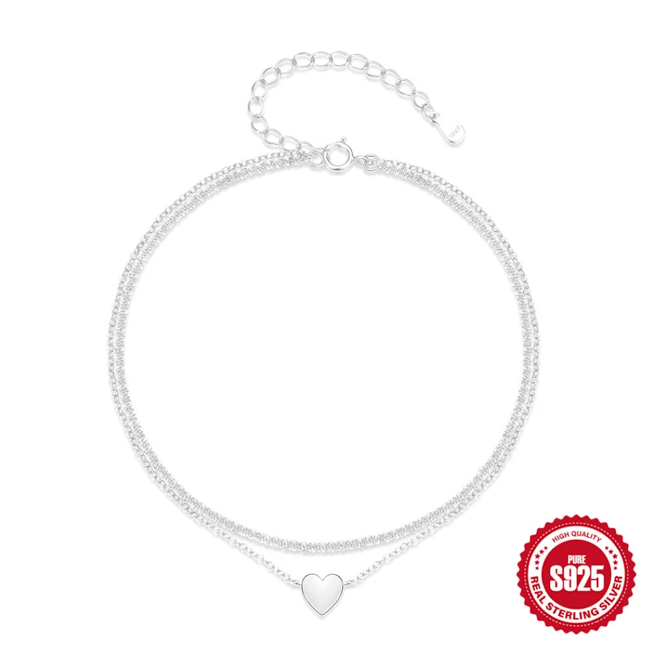 S925 Sterling zilveren dubbellaagse hartvormige liefde veelzijdige enkelketting, perfect om elke outfit een vleugje romantiek te geven.
