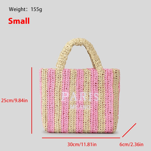 Title 3, Striped hand-woven straw bag for women with emb...