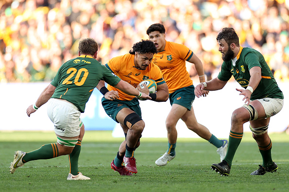 Rob Leota of the Wallabiesis challenged by Kwagga Smith and Lood de Jager of the Springboks during their Rugby Championship match at Adelaide Oval on August 27, 2022 in Adelaide, Australia.