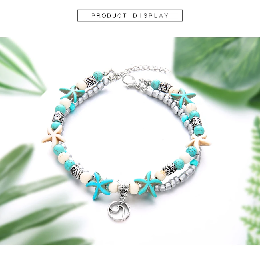 Strand-Fußkettchen mit Seeschildkröten-Anhänger, Seestern und Türkis, ideal für einen sommerlichen Strand-Look. Ein stilvolles Accessoire.