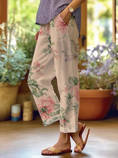 Title 9, Digital Flower Printing Rag-eared Casual Pants ...