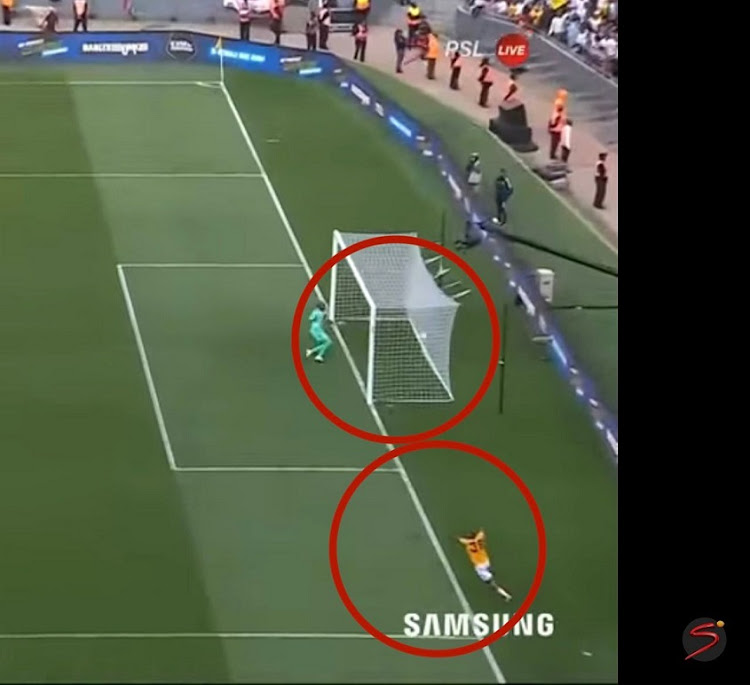 A screenshot by Jerome Damon shows the ball in the net from Yusuf Maart's strike in the Soweto derby against Orlando Pirates, with substitute Reeve Frosler still off the field of play as he starts a celebration run.