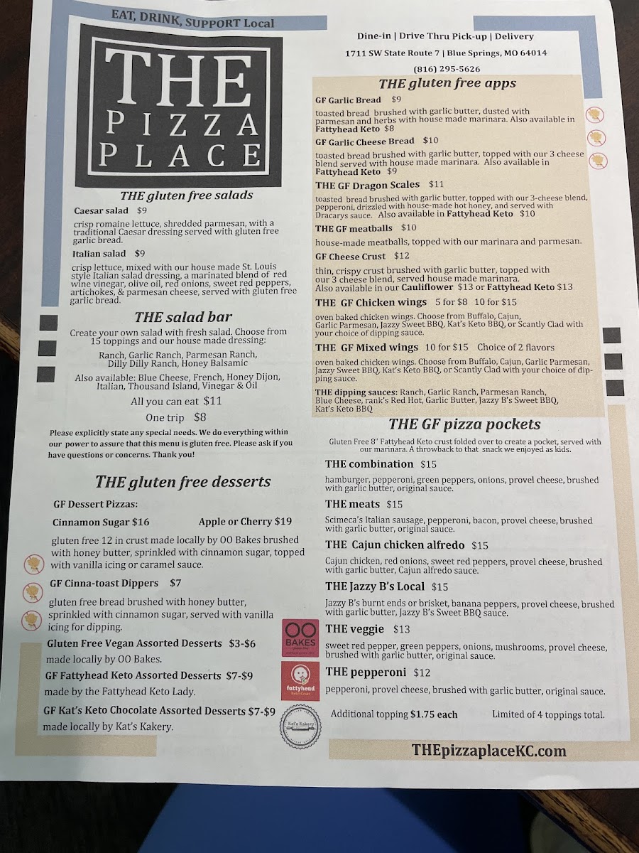 THE Pizza Place gluten-free menu