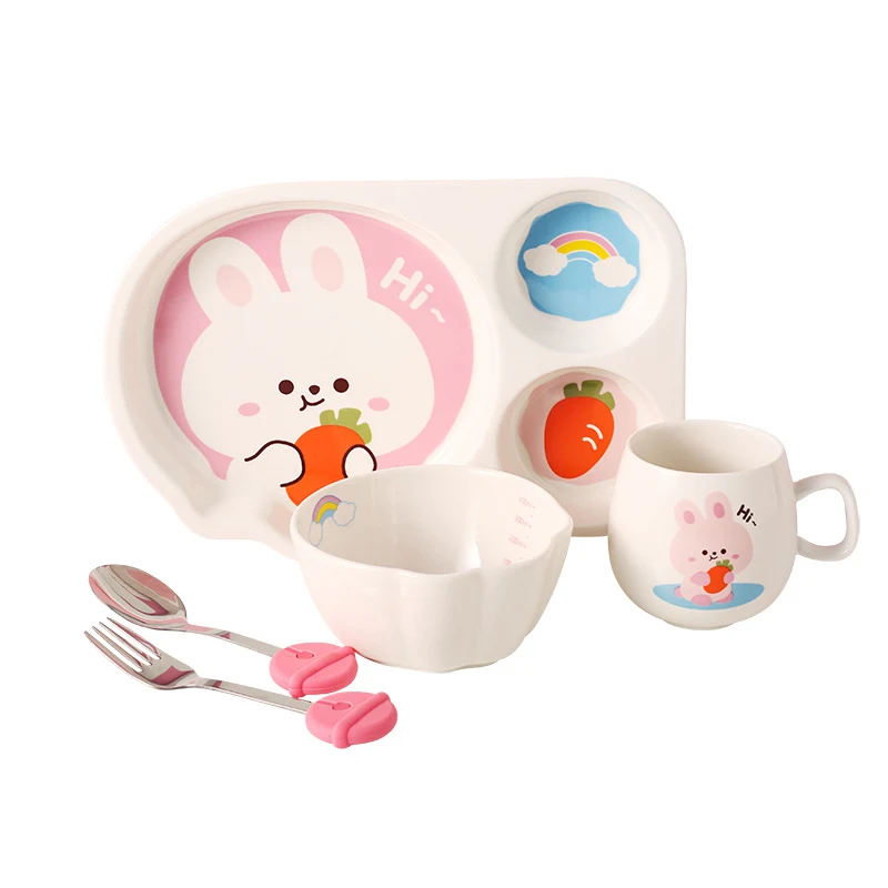 Vajilla Infantil Conejito Plato para Cena Individual Taza Bol Creativo Bandeja Dividida Desayuno para Niños Diseño Divertido.