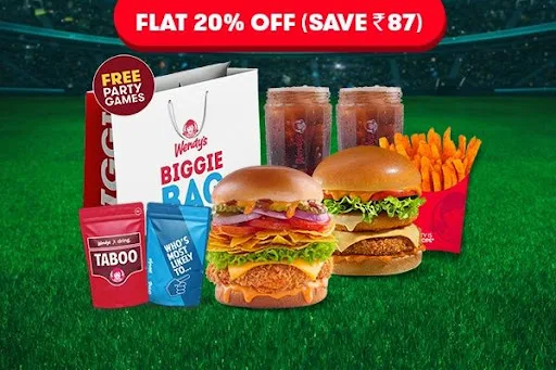 Flat 20% Off On 2 Premium Veg Burgers + Fries + 2 Beverages