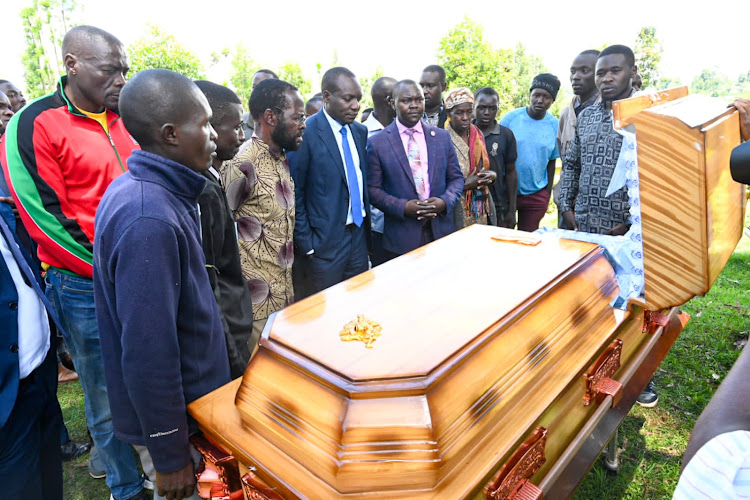 Kisumu Governor Anyang' Nyong'o and his counterpart from Kisii Simba Arati at a burial Nyamira County on April 4,2023