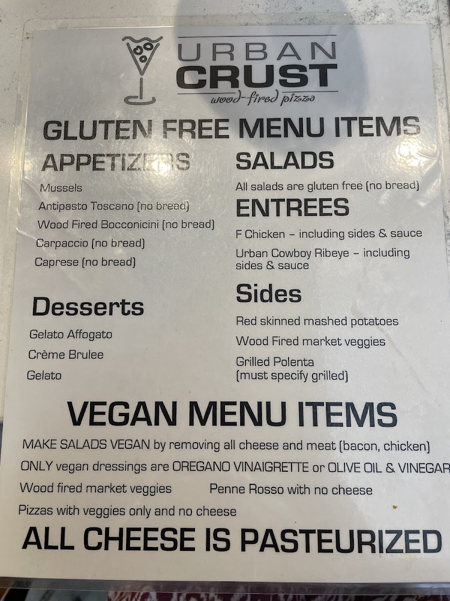 Urban Crust gluten-free menu
