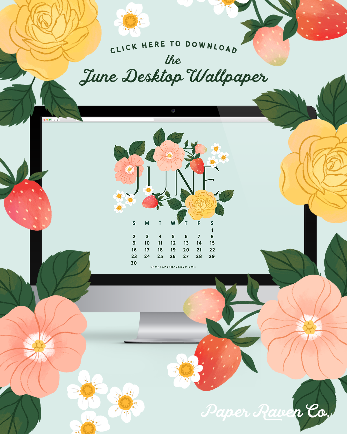 June 2024 Illustrated Desktop Wallpaper by Paper Raven Co. #dressyourtech #desktopwallpaper