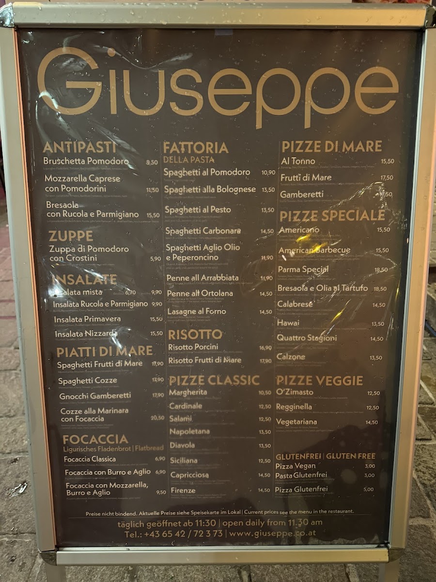 Pizzeria Giuseppe gluten-free menu