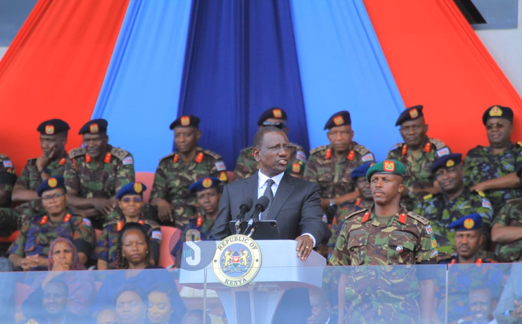 President William Ruto during the memorial service of late General Francis Ogolla at Ulinzi sports complex on April 20, 2024.